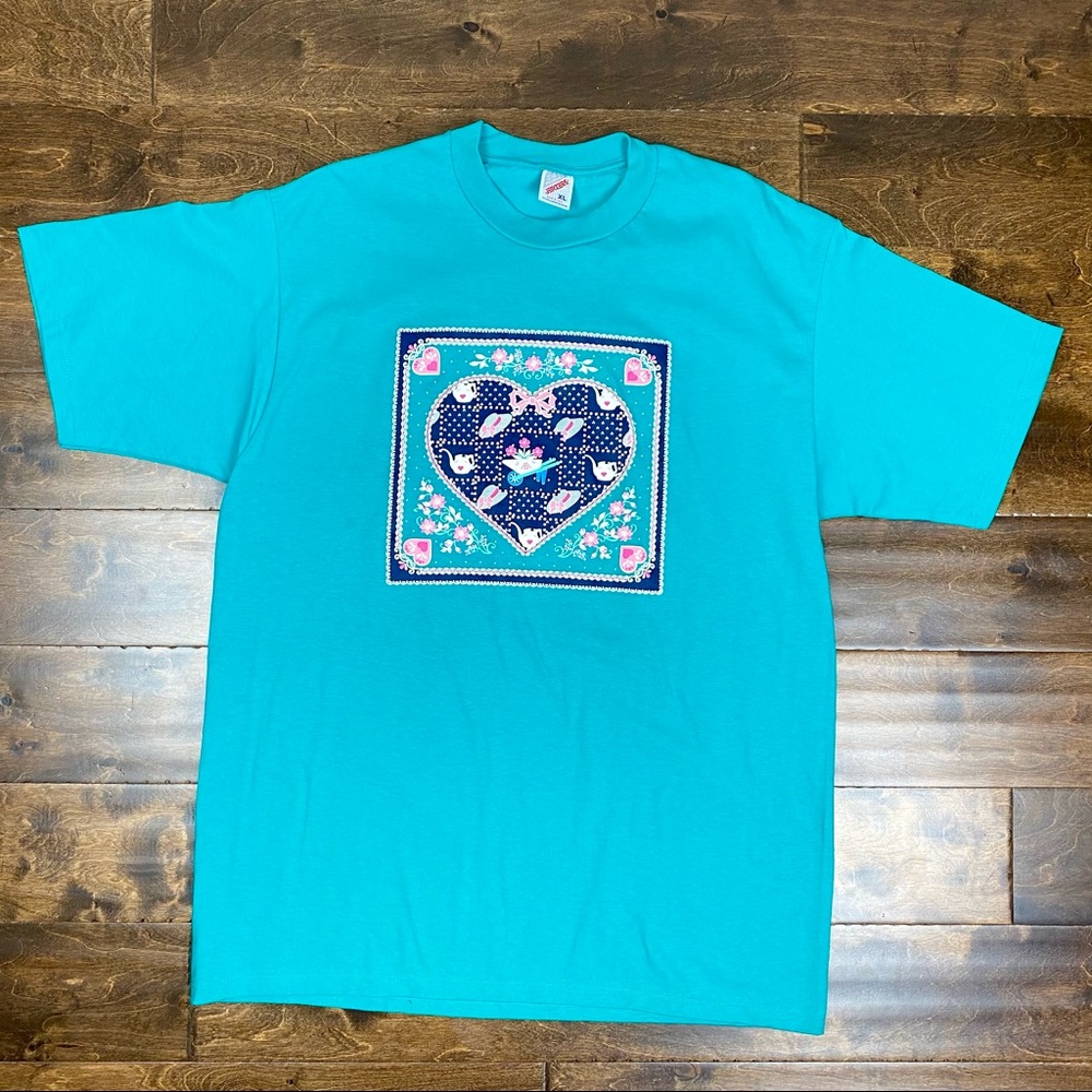 DEADSTOCK 1990s Teal Jerzees Granny Floral Patterned Graphic Tee Sz XL